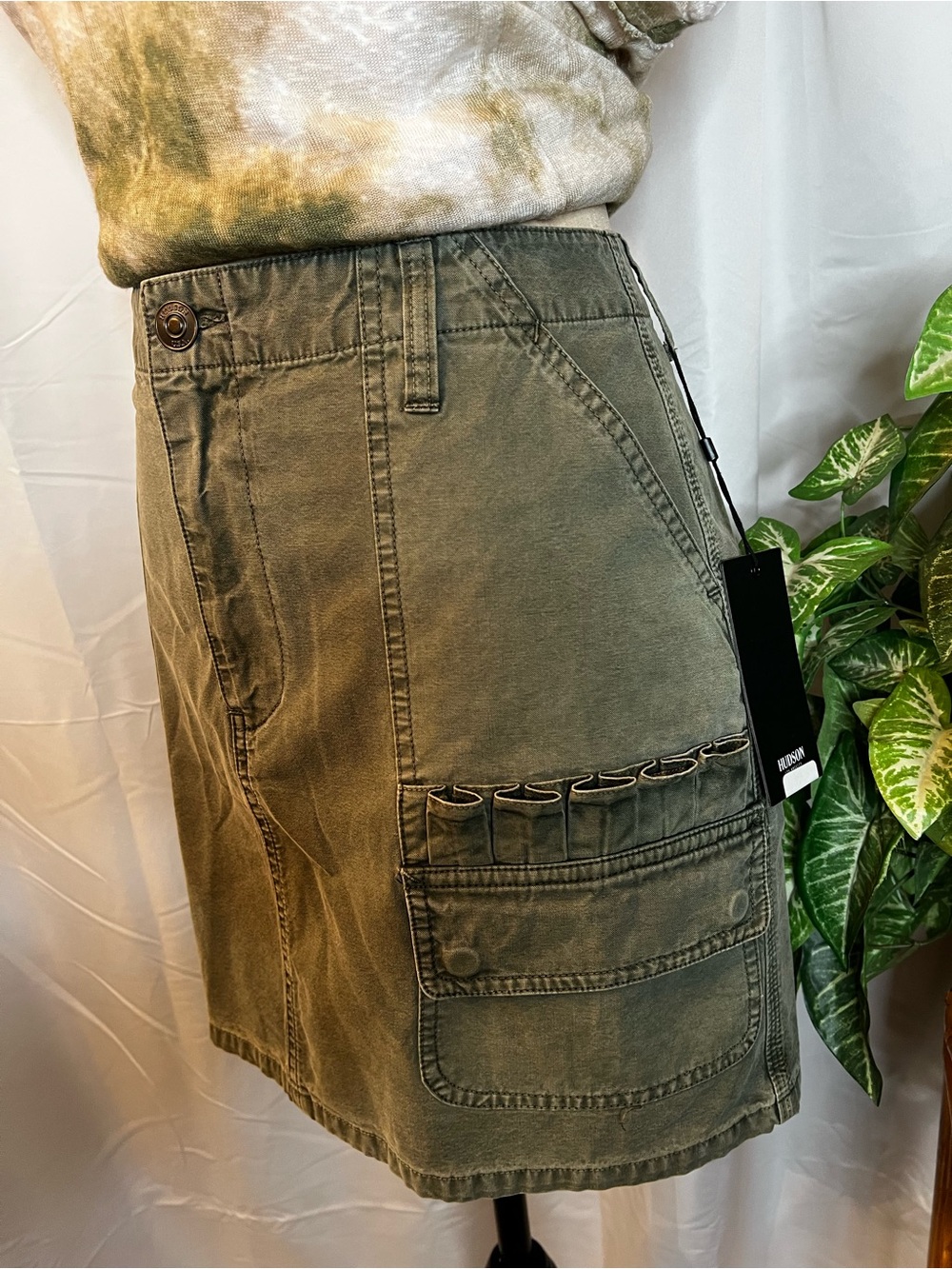 HUDSON Olive Green Canvas Skirt with Branded Metal Button - Picture 3 of 14